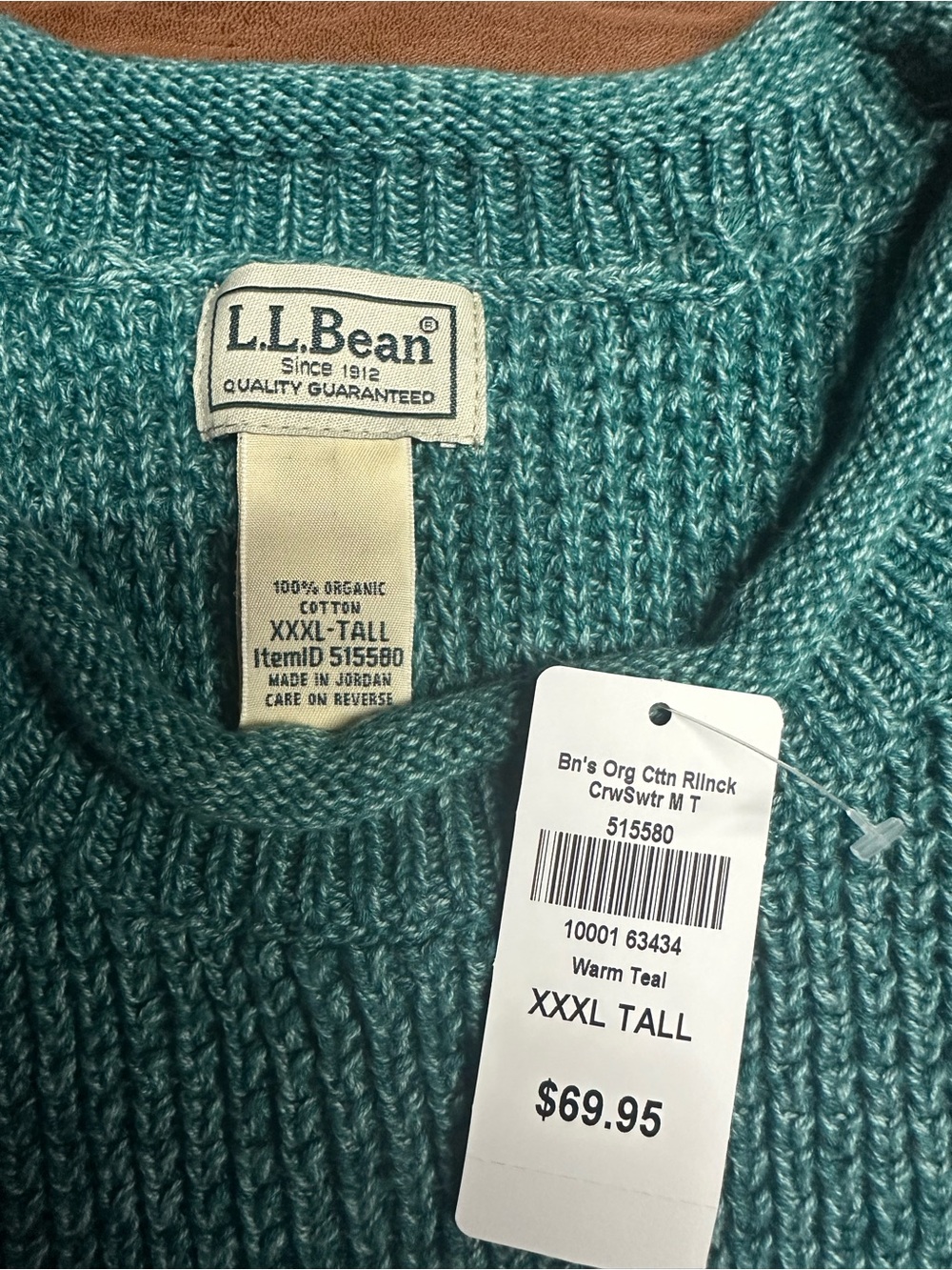 L.L. Bean NWT Warm Teal Organic Cotton Crewneck Sweater